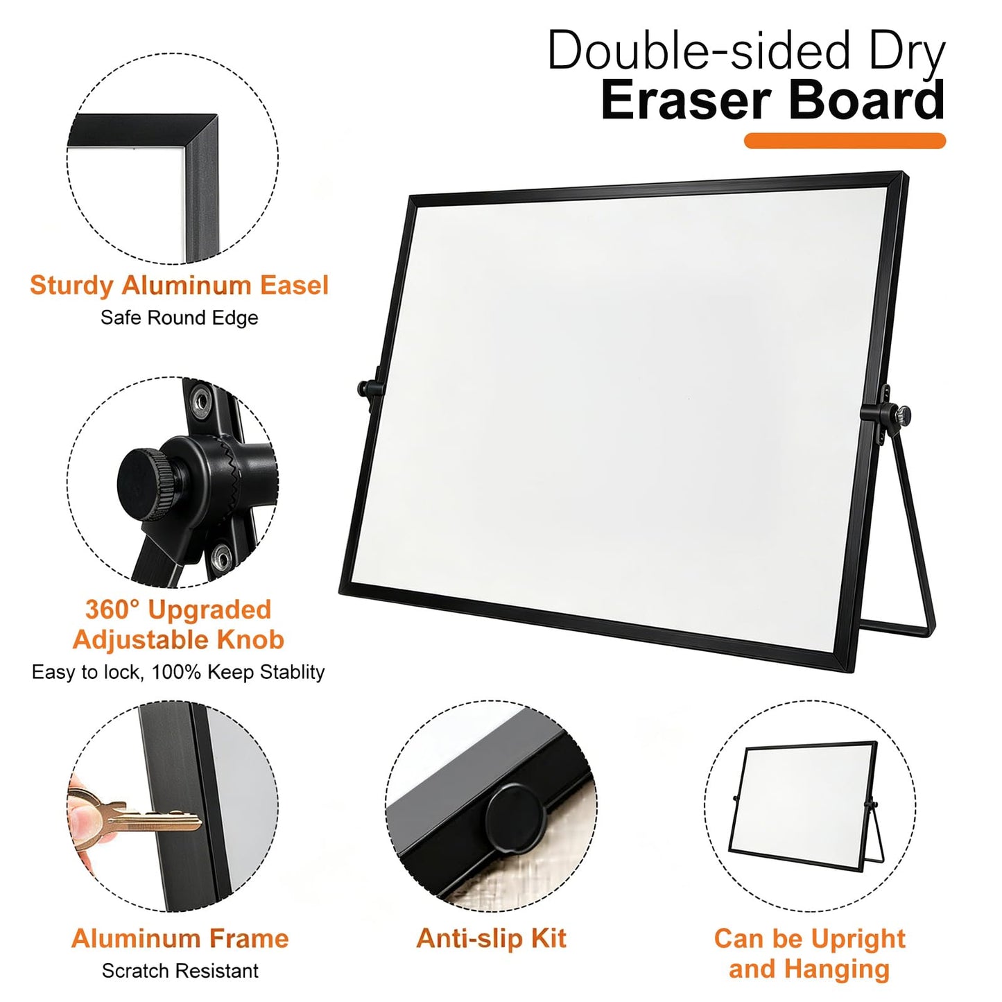 Dry Erase WhiteBoard, Aisuoker 16 x 12inch Magnetic Desktop Whiteboard with Stand, 10 Markers, 10 Magnets and 1 Eraser, Portable Double-Sided White Board for Kid Drawing Memo to Do and List Wall-Black