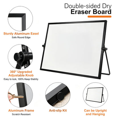 Dry Erase WhiteBoard, Aisuoker 16 x 12inch Magnetic Desktop Whiteboard with Stand, 10 Markers, 10 Magnets and 1 Eraser, Portable Double-Sided White Board for Kid Drawing Memo to Do and List Wall-Black