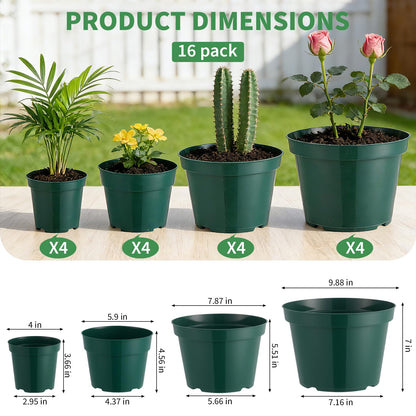 Garvee 16 Pack 4/6/8/10 Inch Plant Nursery Pots, Thickened Plastic Plant Pots with Drainage Holes, Indoor Outdoor Seeding Start Planters for Vegetable Herbs Flowers, Green