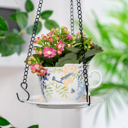 TEATALK Hanging Planters for Indoor Plants, Ceramic Pots with Drainage Hole, 6.3 Inch Hanging Planter with Chain, Outdoor Hanging Baskets for Plants, Birds & Flowers, Cup Shape