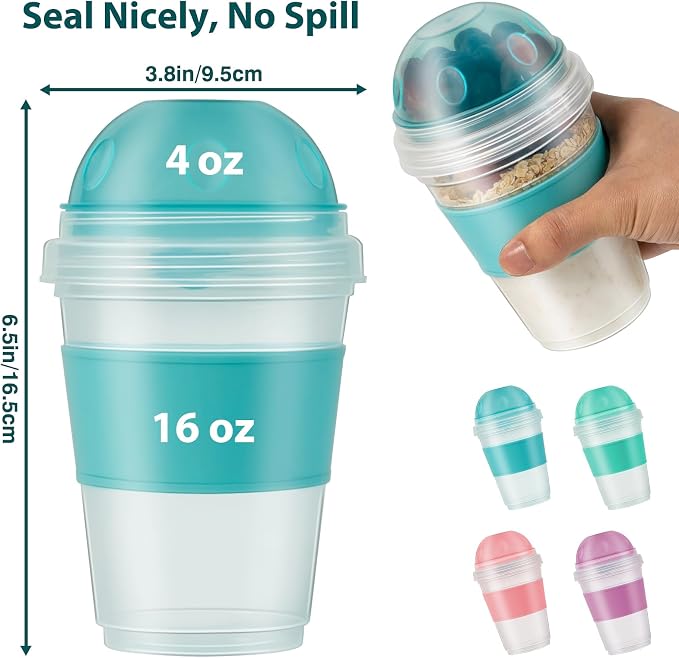 Freshmage Yogurt Parfait Cups with Lids, 2 Pack 20 oz Reusable Overnight Oats Containers with Lids, Topping Compartment & Spoon to Go for Breakfast Meal Prep, Portable & Lightweight (Blue&Green)