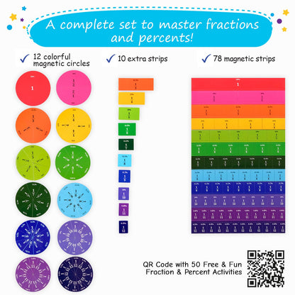 166 PCS Simply Magic Magnetic Fraction Tiles & Fraction Circles with Percentages - Fraction & Percent Strips & Bars, Fraction Manipulatives Class Set, Teaching Learning Fractions, Math Manipulatives