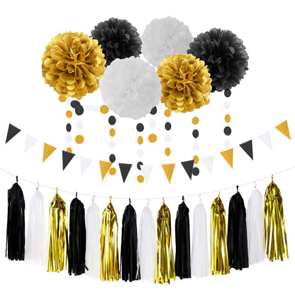Black Gold Graduation Party Decorations - 23pcs Kits Farewell Tissue Pom Poms Flowers,Streamers Banner,Tassel Garland 50th Men Birthday Bachelorette Baby Shower Decoration Bunting Lasting Surprise