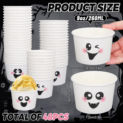 Whaline 48 Pcs Halloween Ghost Snack Cups White Boo Treat Disposable Paper Bowls 9 Oz Paper Cups Dessert Ice Cream Bowls for Trick or Treat Birthday Movie Party Favor Supplies