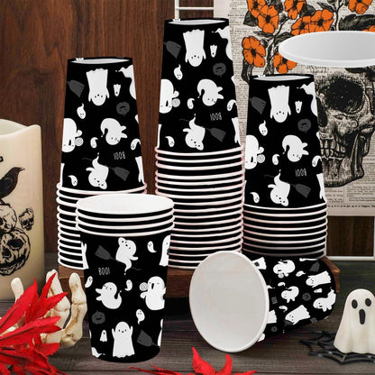 AIBIIN 50 PCS Halloween Party Paper Cups 16 oz Black White Ghost Coffee Cups Cute Halloween Disposable Cold Hot Chocolate Paper Coffee Cup Decorations Boo Ghost Table Party Supplies Decorations