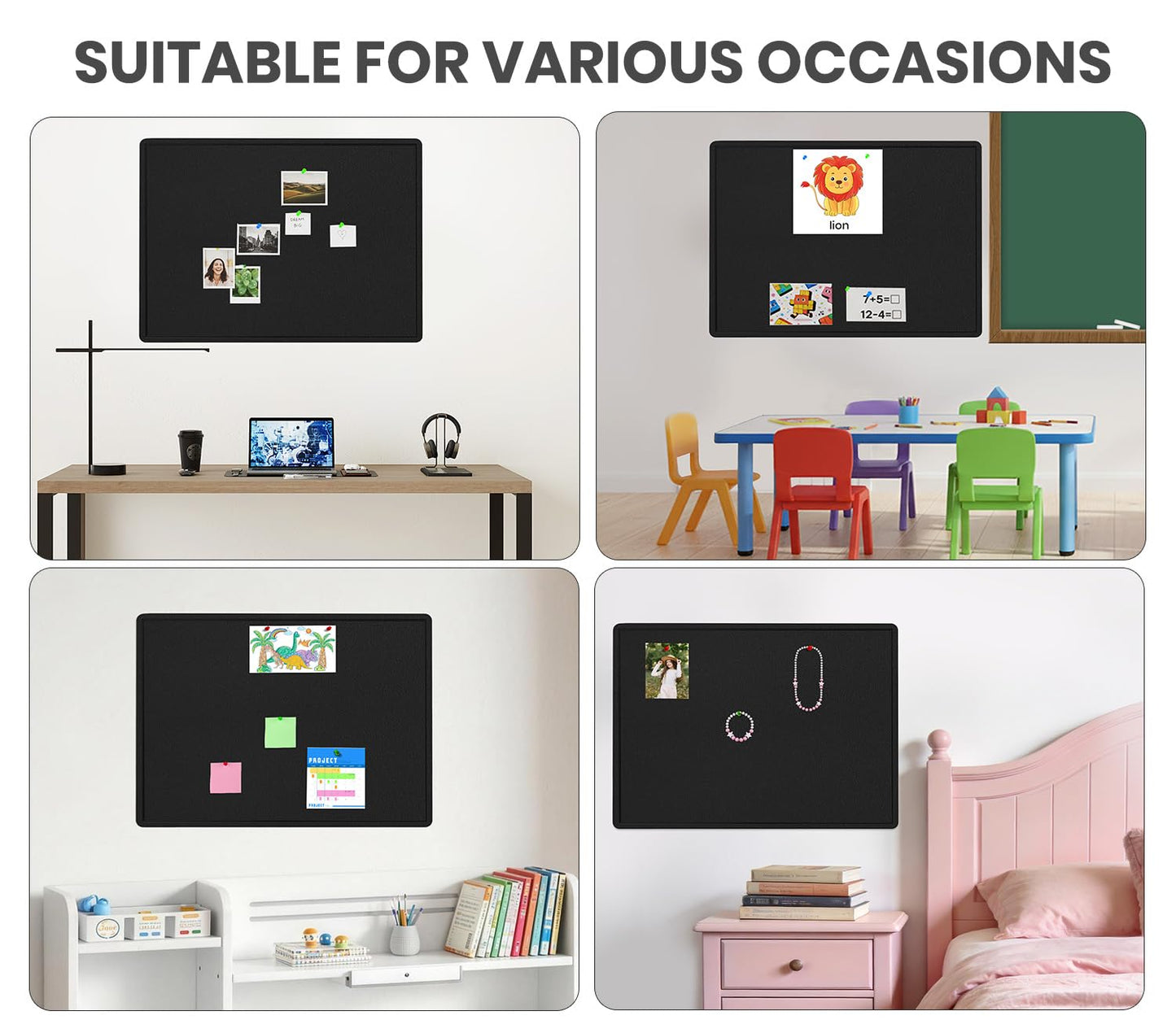 Large Bulletin Board, 48 X 36 inches Felt Board Notice Pin Board, 4' x 3'Cork Board Alternative for Wall, Self-Adhesive Vision Board Mood Board Foldable Photo Board with 30 Pushpin (Black)