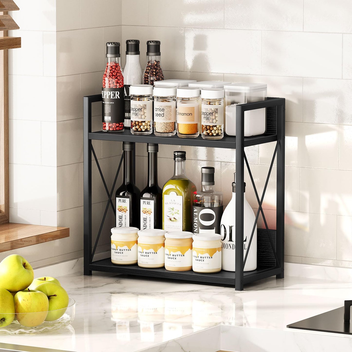 Giikin Kitchen Countertop Organizer, 2 Tier Coffee Bar Organizer, Black Spice Rack for Counter, Kitchen Counter Shelves, Particleboard, Large Size (15.8" L x 7.9" W x 15.8" H), Black
