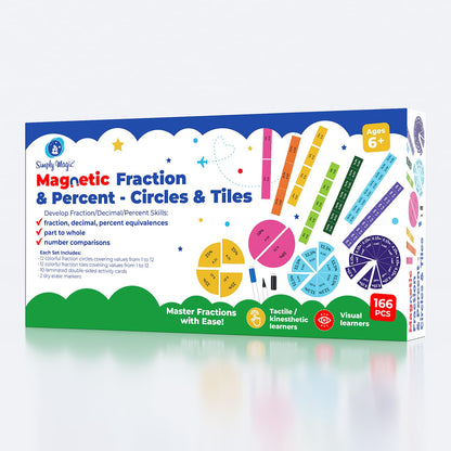 178 PCS Magnetic Fraction Tiles & Fraction Circles with Decimals & Percentages, Fraction Strips, Bars, Fraction Magnets, Fraction Manipulatives Class Set Kit, Fractions for Kids Math - Simply Magic
