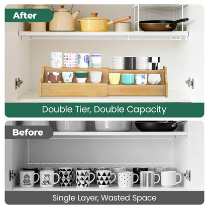 EsLuker.ly Coffee Mug Cup Holder Rack for Cabinets Countertop, 2 Tier Expandable Mug Storage Organizer Bamboo Coffee Bar Station Display Stand Shelf for Kitchen Countertop, No Assembly, More Space