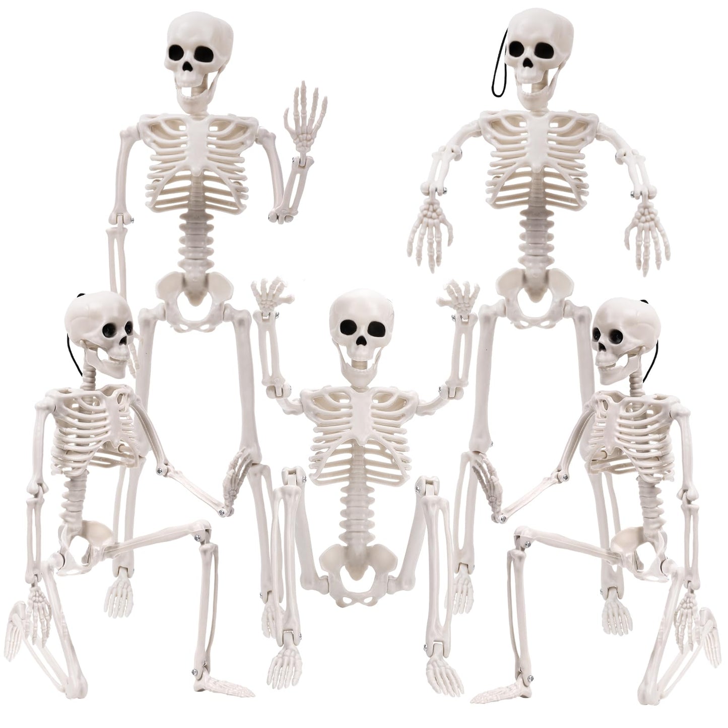 XIMISHOP 5pcs Halloween Skeleton Decoration, 16" Full Body Posable Hanging Skeleton with Movable Joints for Graveyard Haunted House Indoor Outdoor, White