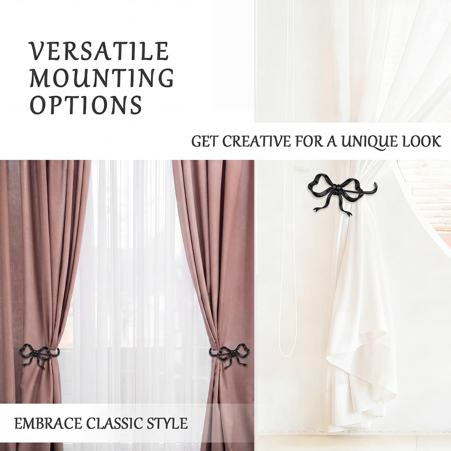 Otoolling 2 Pack Black Metal Bow Curtain Holdbacks Wall Mounted Curtain Hold Backs Curtains Modern Tiebacks Decorative Window Drapery Tiebacks with Bow Finials for Living Room Bedroom Office Home