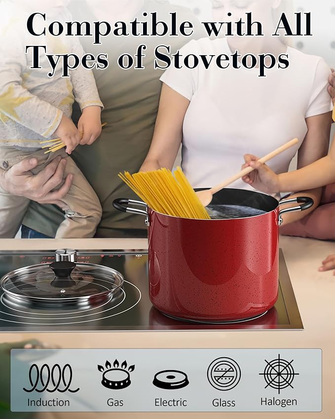 Cook N Home Professional 10.5 Quart Nonstick Stock Pot with Lid, Riveted Handles, Big Soup Pot for Holiday Feasts, Stockpot with Even Heating, Induction Cookware, Oven & Dishwasher Safe, Marble Red