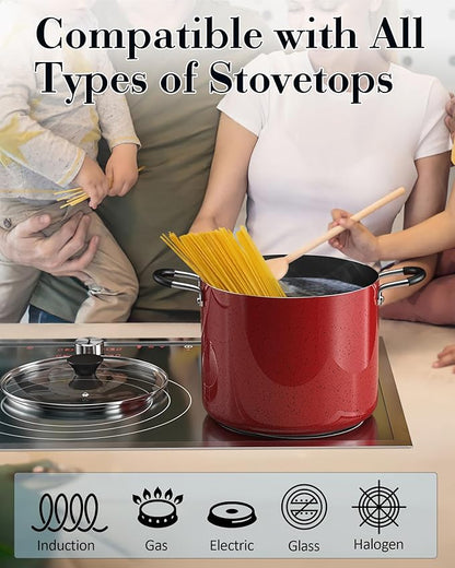 Cook N Home Professional 10.5 Quart Nonstick Stock Pot with Lid, Riveted Handles, Big Soup Pot for Holiday Feasts, Stockpot with Even Heating, Induction Cookware, Oven & Dishwasher Safe, Marble Red