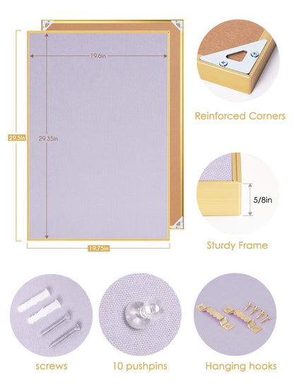 Lightomorrow Bulletin Board 30 x 20 inches, Light Lavender Pin Board, Golden Aluminum Framed Fabric Cork Board with 10 Push Pins