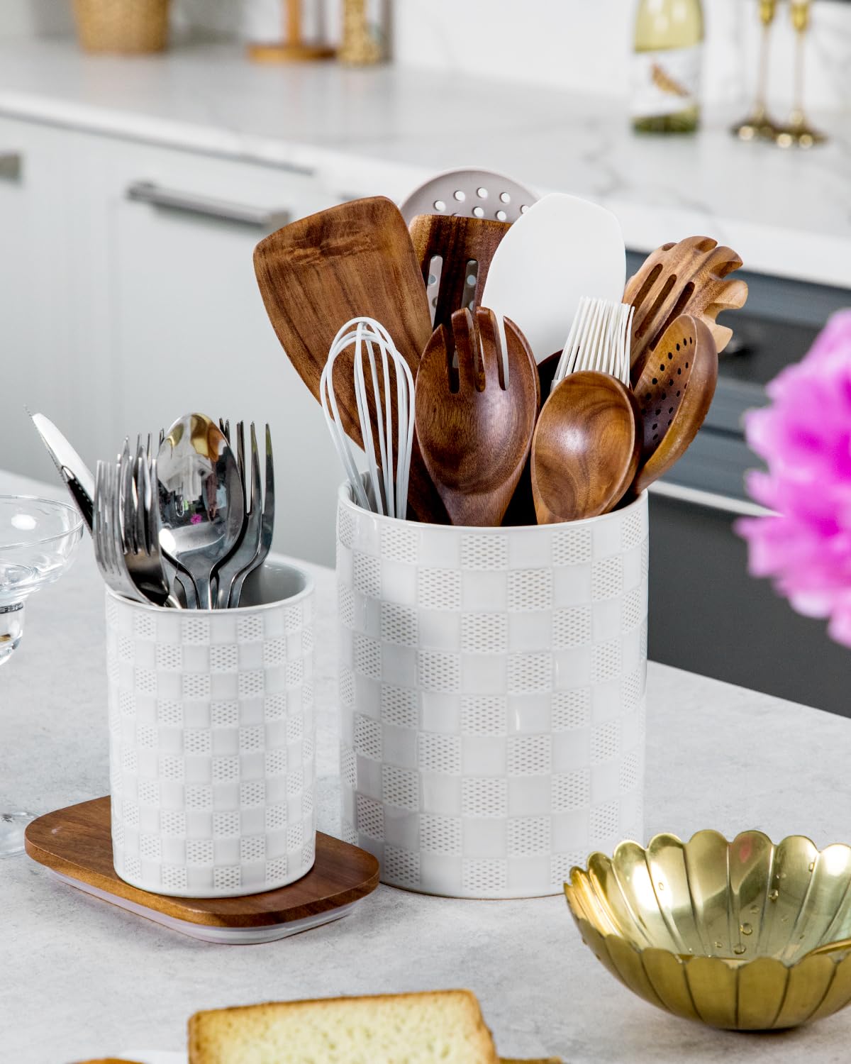 Nucookery Utensil Holder for Kitchen Counter, White Large Stable Ceramic Cooking Utensil Crock for Countertop Organizer, Farmhouse Decor, Set of 2, 7.1"&5.4", Christmas Thanksgiving Gift, Checkered