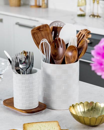 Nucookery Utensil Holder for Kitchen Counter, White Large Stable Ceramic Cooking Utensil Crock for Countertop Organizer, Farmhouse Decor, Set of 2, 7.1"&5.4", Christmas Thanksgiving Gift, Checkered