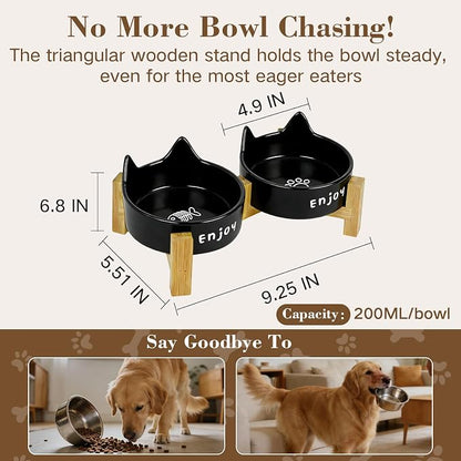 Ceramic Dog and Cat Bowl Set with Wooden Stand Elevated Non-Slip Weighted Anti-Spill Matte Finish for Cats Kittens Small Dogs-Black Cat Ear-6.76 OZ