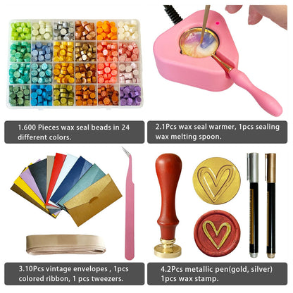 Electric Wax Seal Warmer Kit - Complete Set with Heart Stamp, 600 Wax Beads, 10 Envelopes & 2 Pens - Perfect for Wedding Invitations & DIY Letters (001Pink)