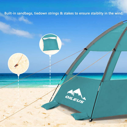 Oileus Beach Tent 2-3 Person Portable Sun Shade Shelter UV Protection, Extended Floor Ventilating Mesh Roll Up Windows Carrying Bag Stakes 6 Sand Pockets Fishing Hiking Camping, Light Green