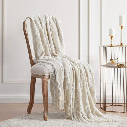 BOURINA Fluffy Chenille Knitted Fringe Throw Blanket Lightweight Soft Cozy for Bed Sofa Chair Throw Blankets Beige 60" x 80"