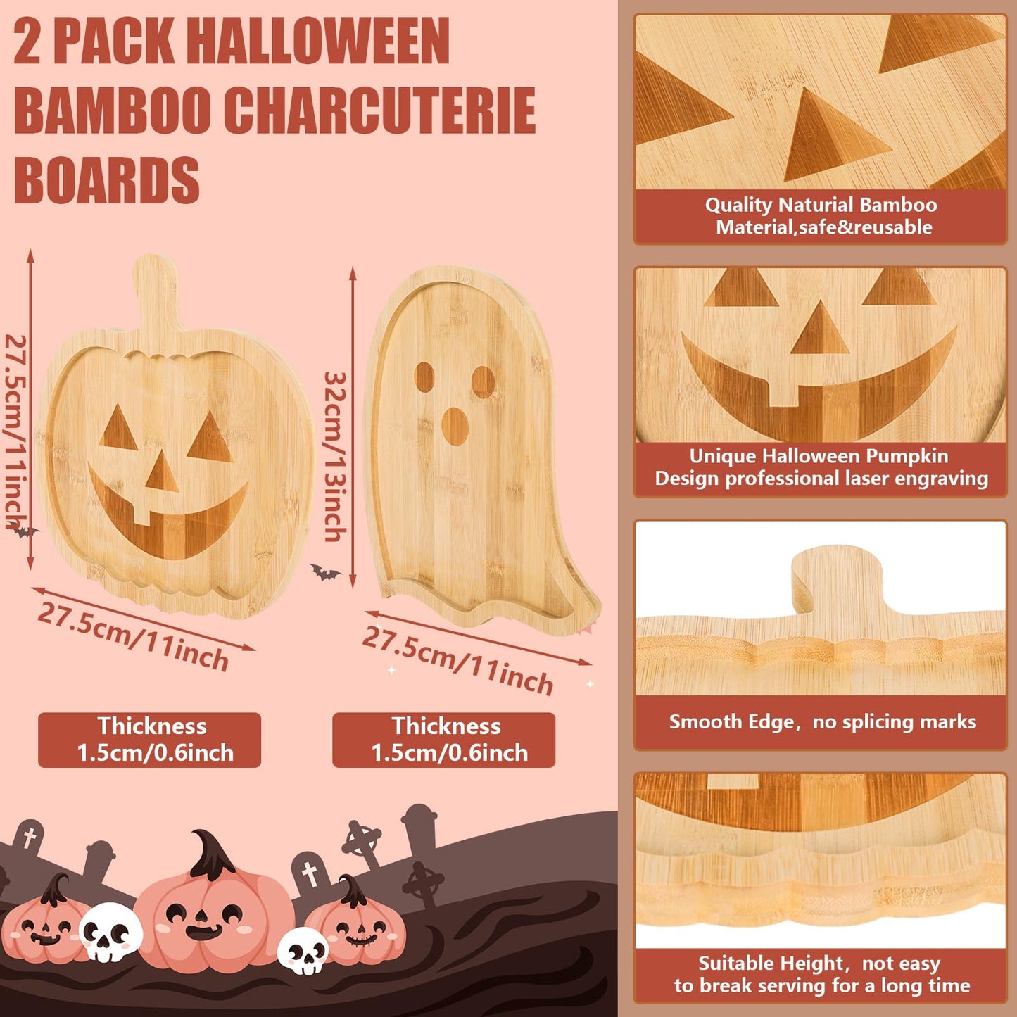 Whaline 2Pcs Halloween Charcuterie Board Pumpkin Ghost Serving Trays Bamboo Cheese Platter Tray Appetizer Boards Party Serving Platters for Home Party Dinnerware Supplies