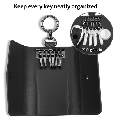 Leather Key Holder Wallet with 6 Hooks, Carbon Fiber Pattern Portable Keychain Pouch for Men, Women