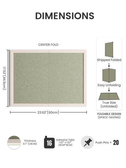 Fluxynara Foldable Cork Board Alternative, Felt Bulletin Board 23.6" x 17.5" Oatmeal Frame with 12 Adhesive Tabs, Pin Board for Home Office, Classroom, Entryway, Kitchen Wall Decor—Sage