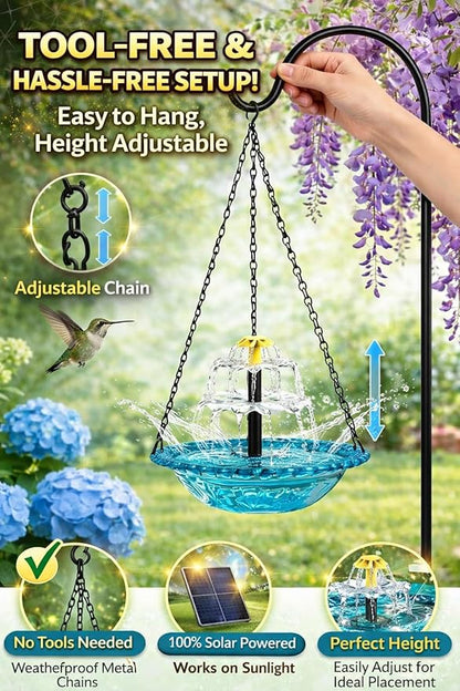 Solar Cascade Hanging Bird Bath Fountain, 2026 New Outdoor Hanging Bird Bath with Solar Fountain, Large Humming Birds Baths Fountains, with Solars Pump & Glass Bowl, for Outdoor, Gardens (#3)