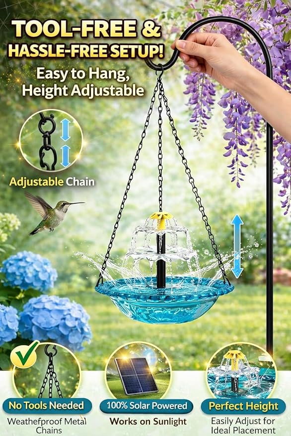 Solar Cascade Hanging Bird Bath Fountain, 2026 New Outdoor Hanging Bird Bath with Solar Fountain, Large Humming Birds Baths Fountains, with Solars Pump & Glass Bowl, for Outdoor, Gardens (#1)