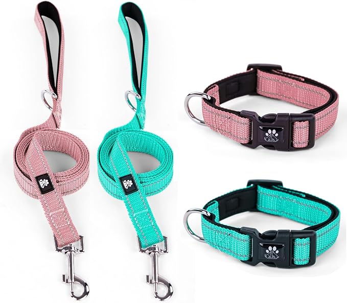 IVY&LANE 2 Pack Reflective Dog Collars and Leashs Set,Adjustable Neoprene Padded Dog Collar for Puppy, Breathable Nylon Pet Collar for Small Medium Large Dogs(Large,Pink+Teal)