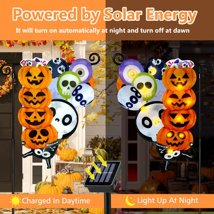 3D Lighted Halloween Garden Flag, Solar Powered LED Outdoor Skeleton & Pumpkin Holiday Yard Flag, Double Side Spooky Ghost Skull Shaped Flag for Patio Lawn, Home Porch 12×18 Inch