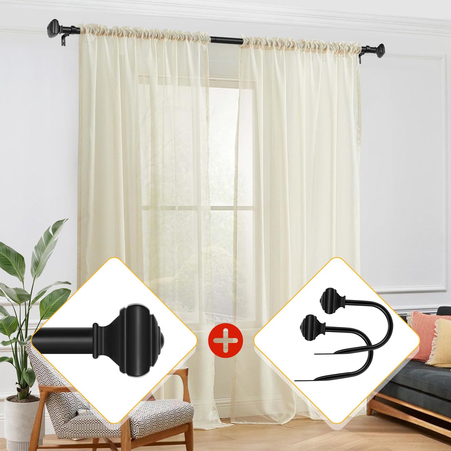 2 Pack Black Curtain Tiebacks, USFOOK Decorative Window Drapery Holdbacks (2 Pack/1 Pair), Curtain Hooks for Drapes with Square Finials (3.45" L x 5.35" W)