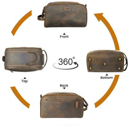 Rasavi Genuine Leather Travel Toiletry Bag, Handcrafted Vintage Water-Resistance Dopp Kit, Large Shaving & Bathroom Organizer - Gift for Men & Women - Rustic Town