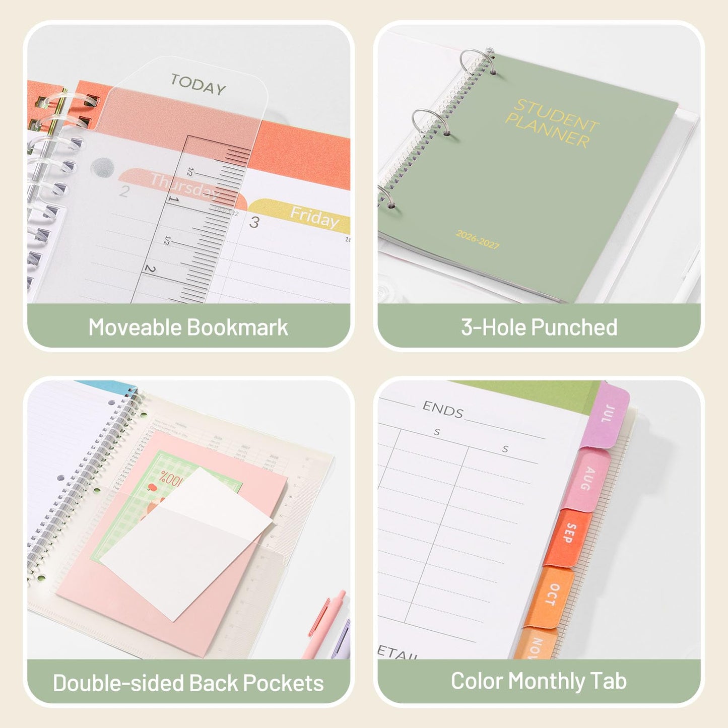 Student Planner 2026-2027, SUNEE Academic Weekly & Monthly School Planner, Jul. 2026 - Jun. 2027, 8.5"×11" School Lesson Plan Book with Week's Goals, Bookmark, Monthly Tabs, 3-Hole Punched, Sage Green