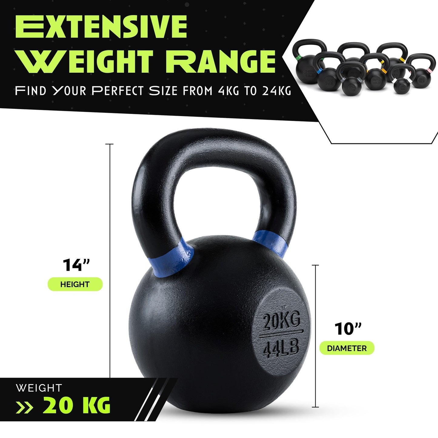 Rage Fitness Single Cast Iron Kettlebell | Powder Coated - Wide Handle Weights for Core & Glute Workouts; Swings, Squats, Deadlifts; Strength, Endurance & Flexibility for Men & Women