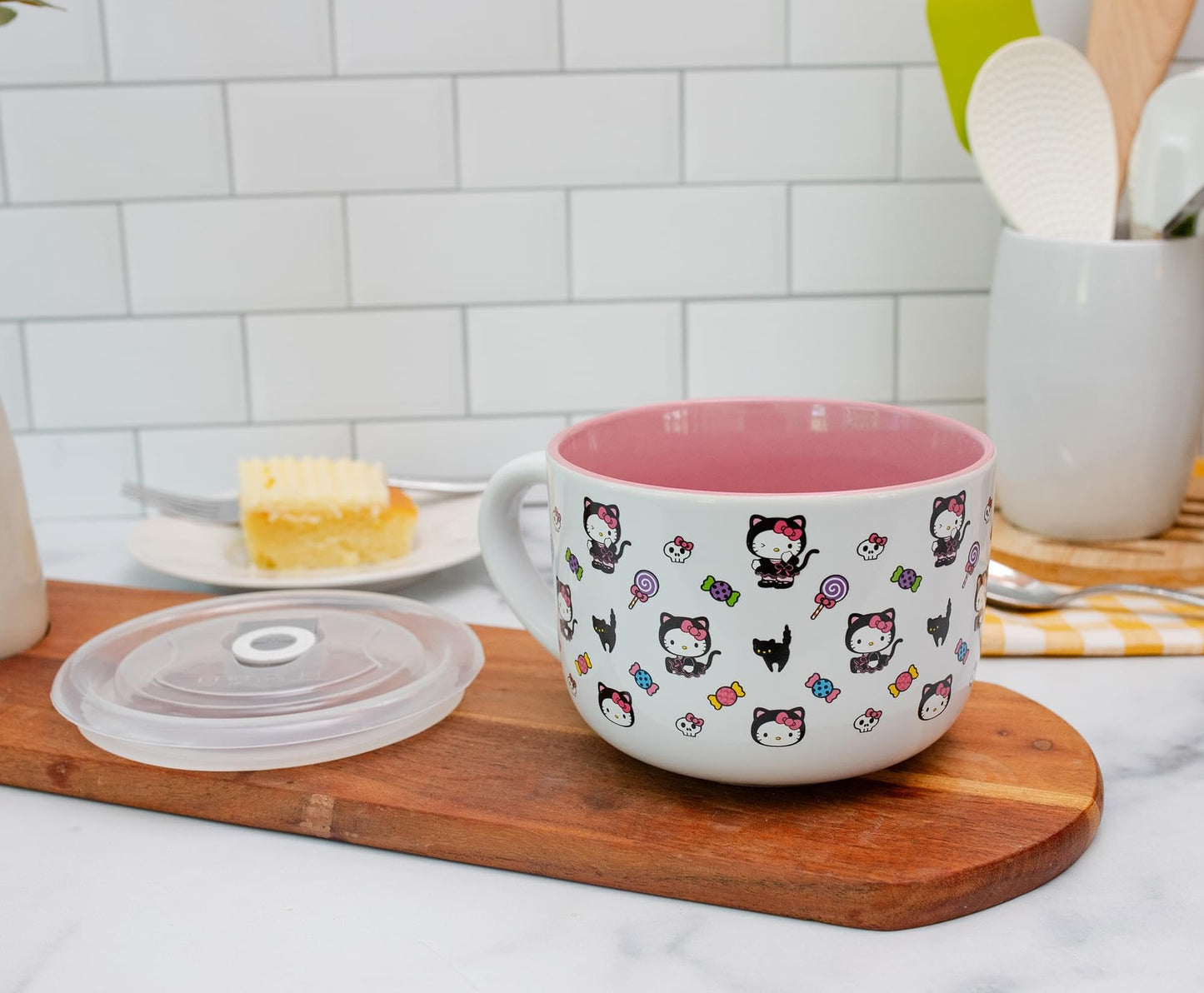 Silver Buffalo Sanrio Hello Kitty Black Cat Ceramic Soup Mug with Vented Lid For Ice Cream, Cereal, Beverages | Holds 24 Ounces