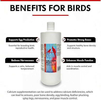 Morning Bird Calcium Plus Liquid for Birds – Calcium Supplement with Vitamins and Minerals for Strong Eggshells, Healthy Bones - Support Growth, Breeding, and Wellness for All Birds 32 Fl Oz