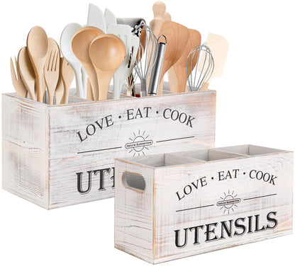 Natural Summertime 2 PC Wooden Utensil Holder,（With 4-Compartments size*1 + 3-Compartments size*1） Extra Large Kitchen Counter,Cooking Spatula Organizer,Farmhouse Decor, Rustic Cooking Utensil