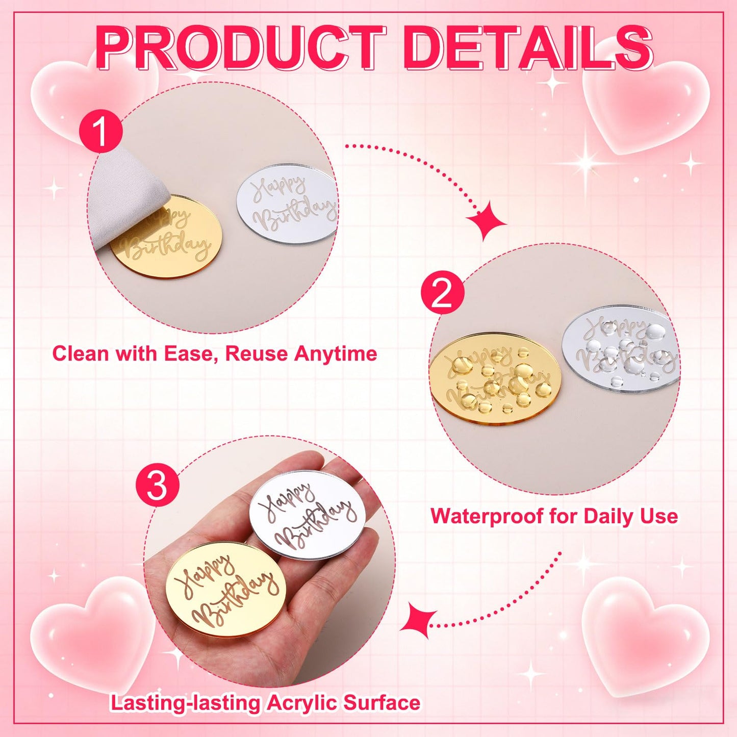 uxcell 20Pcs Acrylic Mirror Cake Toppers, Happy Anniversary Cupcake Toppers Round Shapes Laser Picks Dessert Decorations for Celebrating Party Wedding Shower, 059-Silver