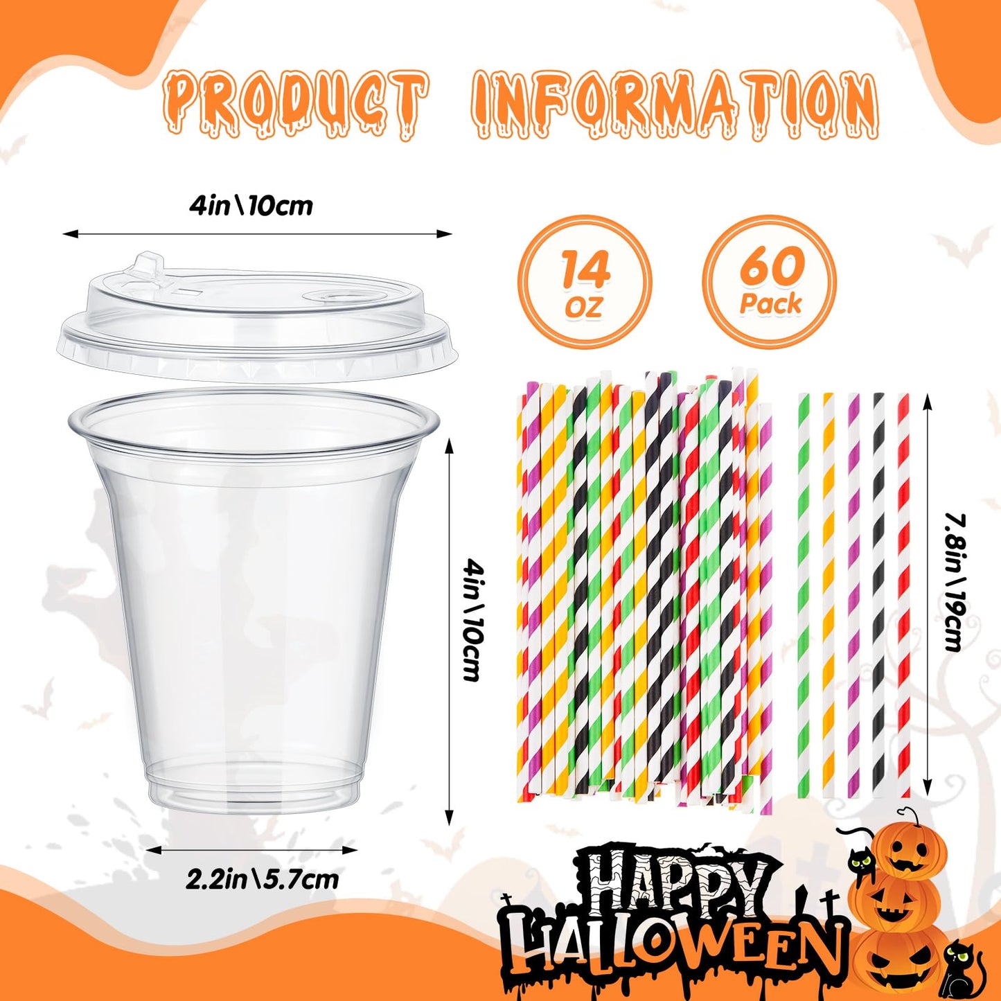 FoldTier 60 Set Halloween Plastic Cups with Lids14 oz Disposable Clear Cups and Paper Straws for Halloween Decorations Party Favor Supplies