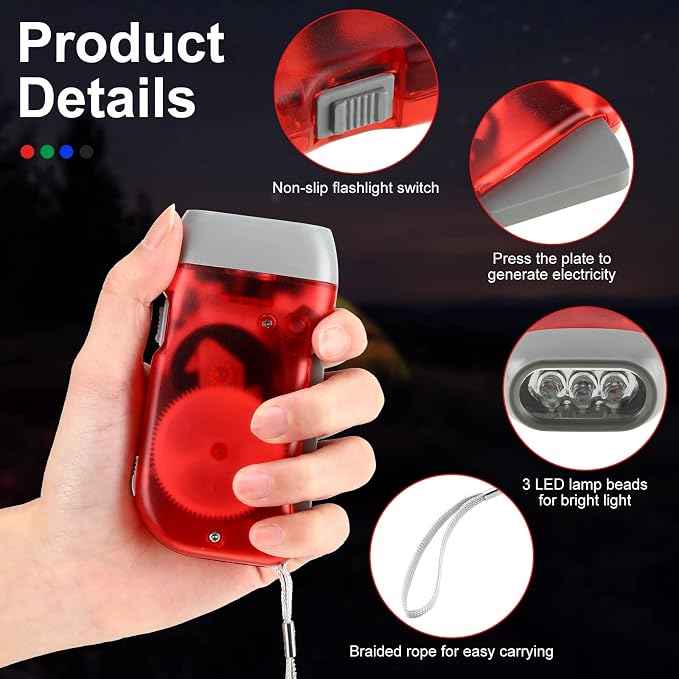 Mudder 24 Pack Hand Crank Flashlight No Battery Emergency Flashlight, Self Powered Portable Light Dynamo Torch for Survival Kit Outdoor Hiking Emergency(Green, Grey, Blue, Red)