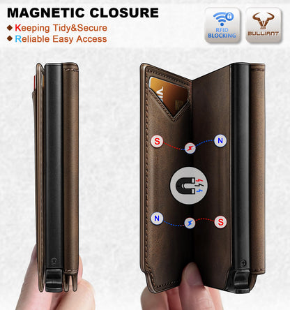 BULLIANT Men Wallet Leather Wallet Card Holders Money Clip for Men 10Cards-Magnetic Flip on Metal Case
