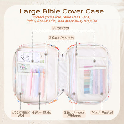 XKDOUS Bible Cover Case for Women Floral Pattern Bible Bag with Handle, Pens & Tabs, Study Supplies Carrying Case Organizer Portable Church Book Holder
