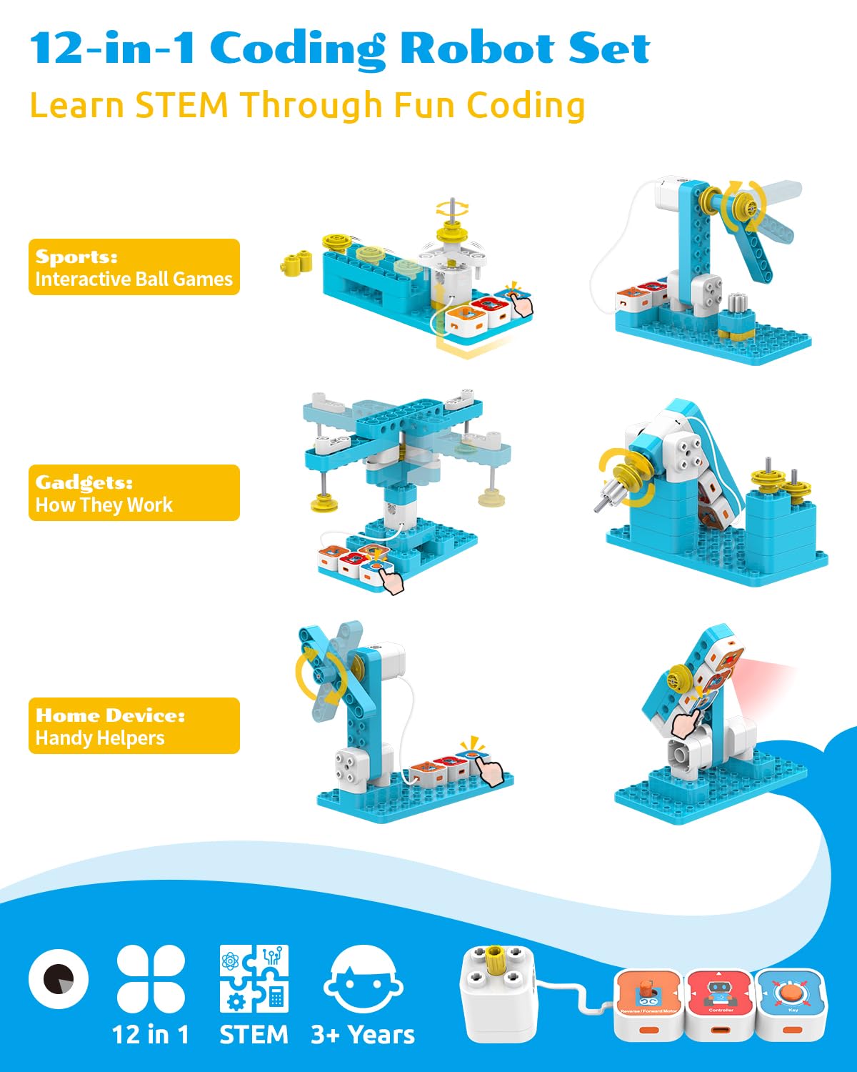 WhalesBot A3 12-in-1 STEM Blocks Coding Robot Kit for Kids, 61-Piece Educational Building Set with Interactive Storytelling, Ideal Toy Gift for Boys & Girls Ages 3-6