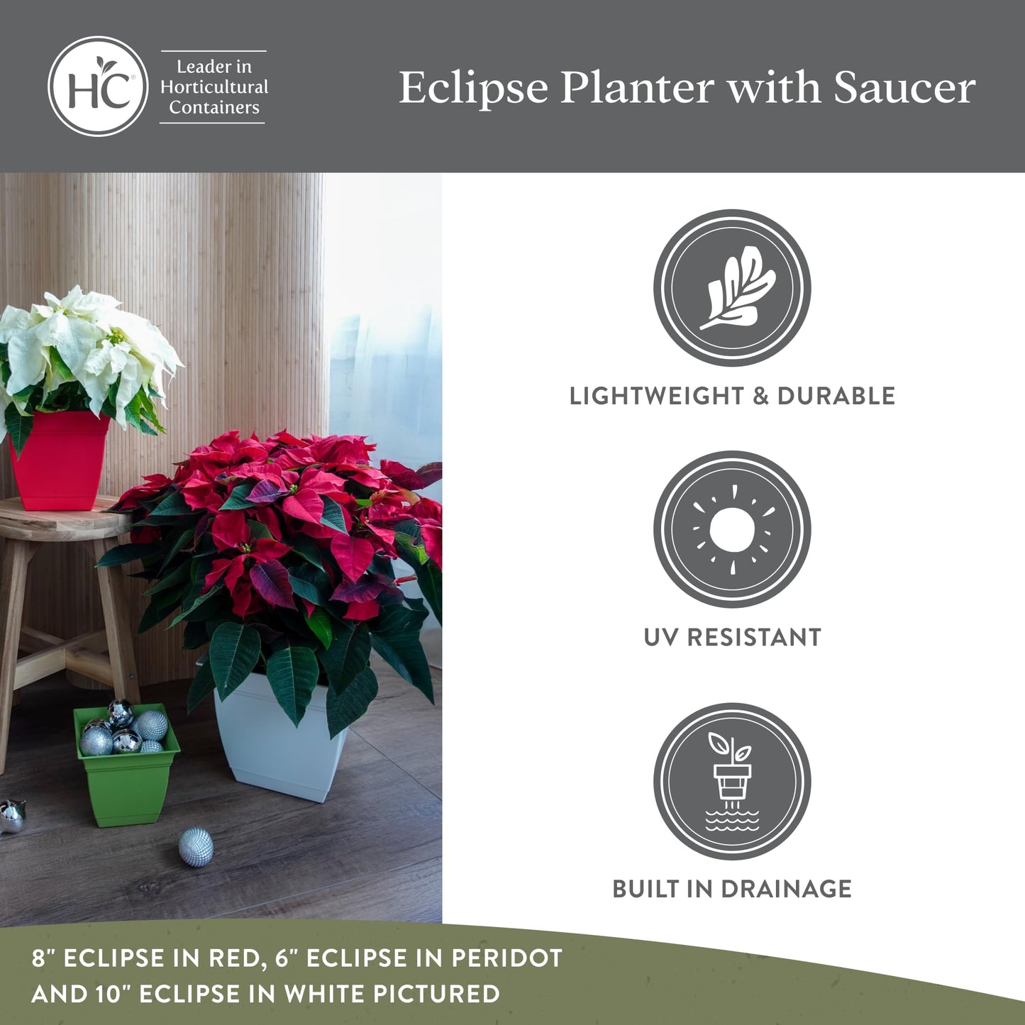 The HC Companies 6 Inch Eclipse Square Planter Pots w/Drainage Holes & Attached Saucer, Lightweight UV-Resistant Plastic Indoor Outdoor Planters, 4-Pack Flower Pots, Garden Home Decor, Peridot Green