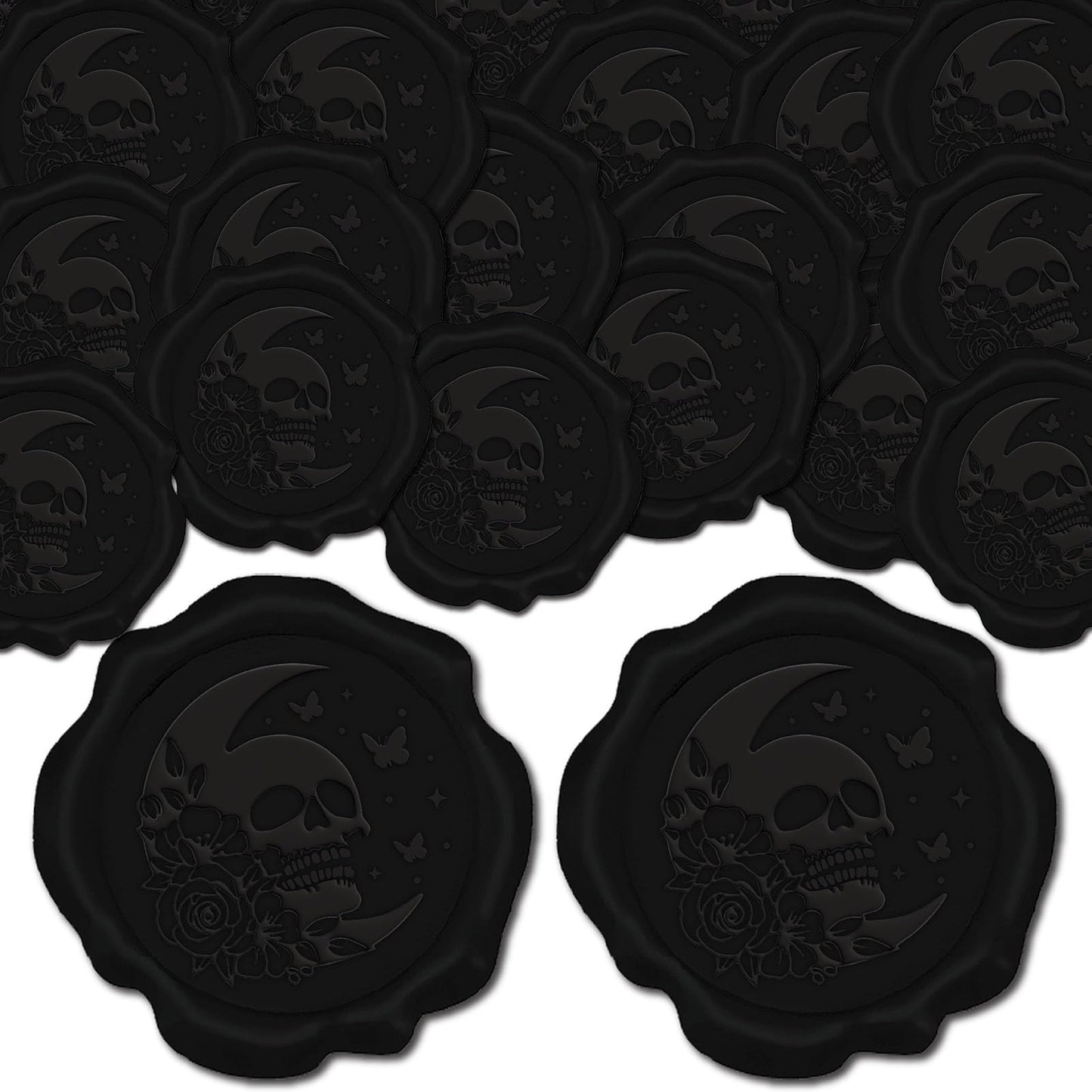 CRASPIRE 100pcs Skeleton Wax Seal Stickers - Black Moon Rose Butterfly Gothic Decoration Adhesive Envelope Sealing Stickers for Halloween Birthday Gift Party Craft