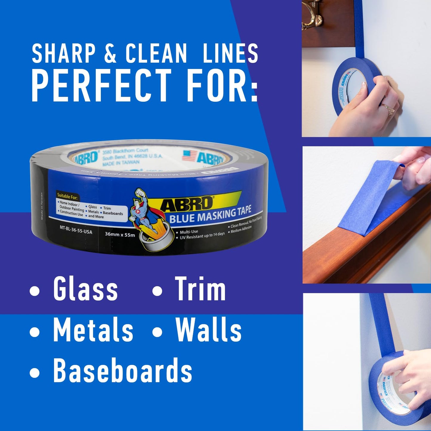 ABRO Blue Painters Tape 2 Inch Wide, 48mm x 55M, All Purpose Blue Tape, Temporary Labeling, Easy Tear, Clean Removal, Masking Tape Colored DIY or Pro - 6 Pack