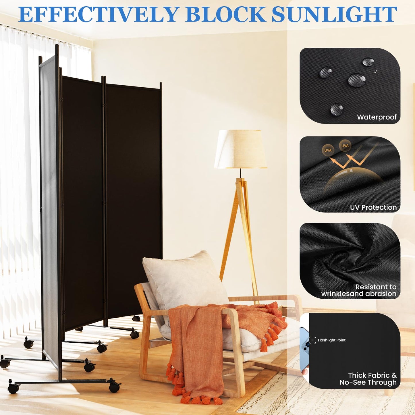 SUNALLY Room Divider 6FT Folding Privacy Screens with Lockable Wheels, 4 Panel Room Partition for Room Separator, 88" W Freestanding Portable Fabric Wall Dividers for Home Dorm Studio Office, Black