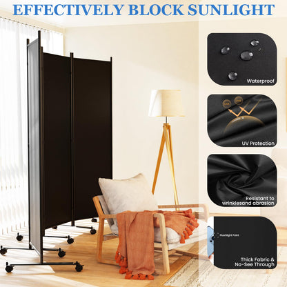 SUNALLY Room Divider 6FT Folding Privacy Screens with Lockable Wheels, 4 Panel Room Partition for Room Separator, 88" W Freestanding Portable Fabric Wall Dividers for Home Dorm Studio Office, Black