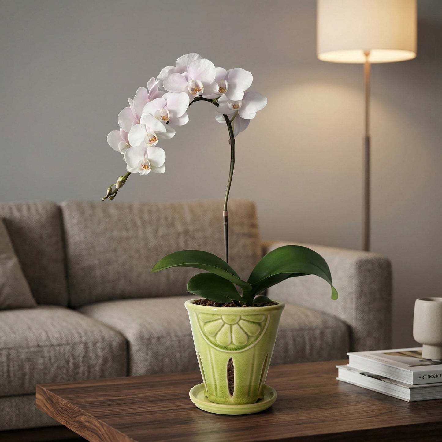Gniliny Ceramic Orchid Pot with Slotted Holes, 5.39 Inch Crackle Glaze Apple Green Planter with Daisy Relief & Tray, Breathable Vertical Slotted Orchid Container for Repotting